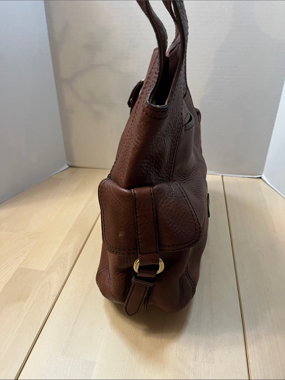 Cole Haan Tobacco Brown Pebbled Leather Shoulder Bag Purse Tote Gold Tone Trim - Picture 9 of 16